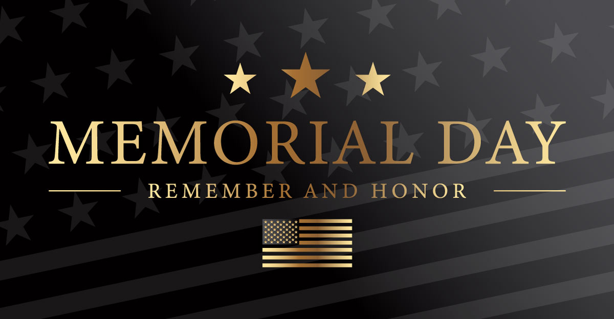 memorial day banner in gold text with gold flag